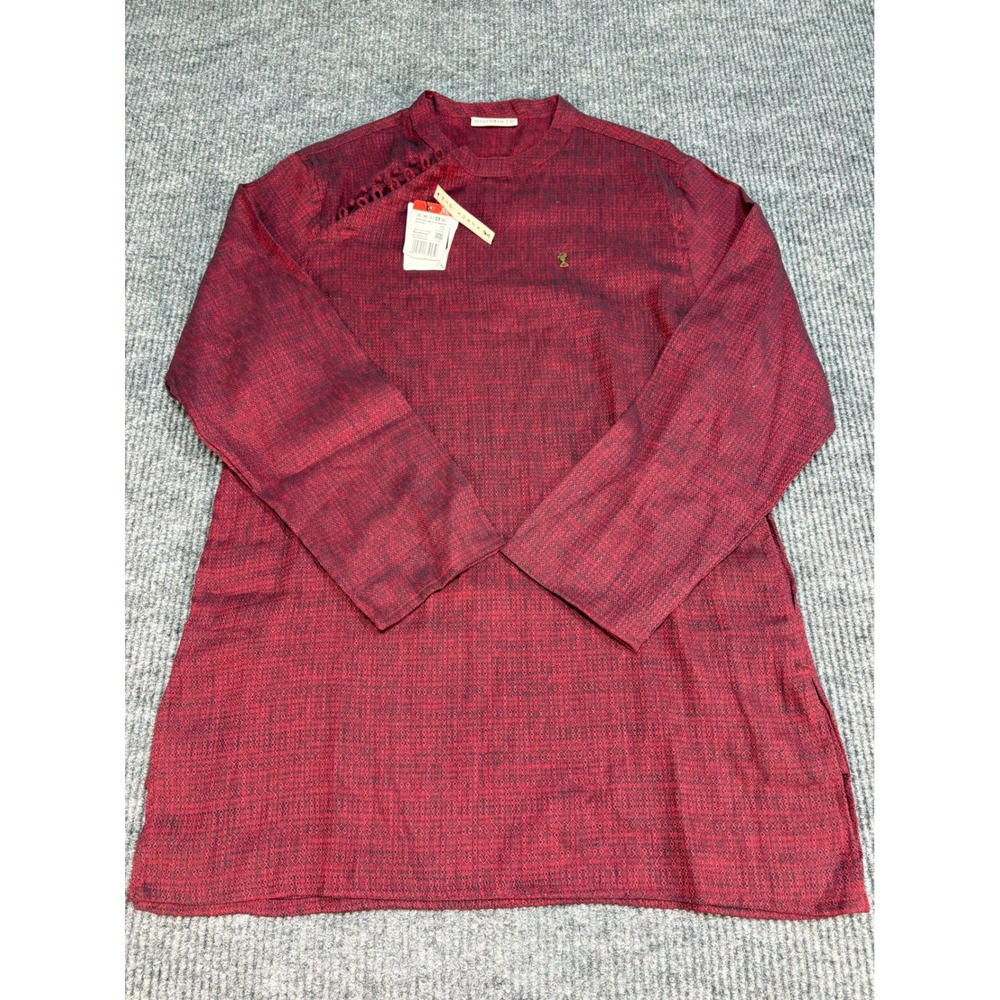 Shatranj Mens Mid Kurta Maroon Geometric Pattern Long Sleeve Tunic XL NEW